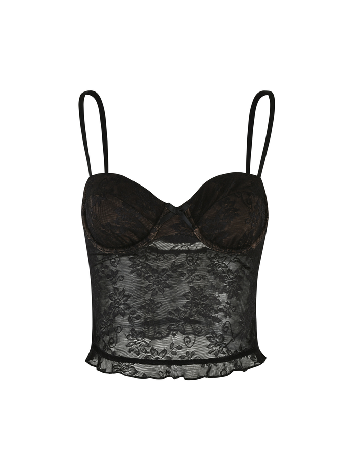 The CHARLEIGH TOP - BLACK : LACE by TIGERMIST features lace fabric, thin adjustable straps, floral patterns, structured cups, and a ruffled hem, shown on a white background.