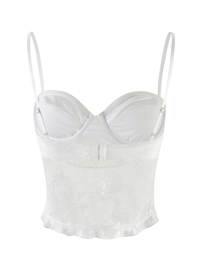 The CHARLEIGH TOP - WHITE : LACE by TIGERMIST is a white satin and lace crop top with adjustable straps, underwire cups, floral lace detailing, and a flared hem for an elegant, delicate look.