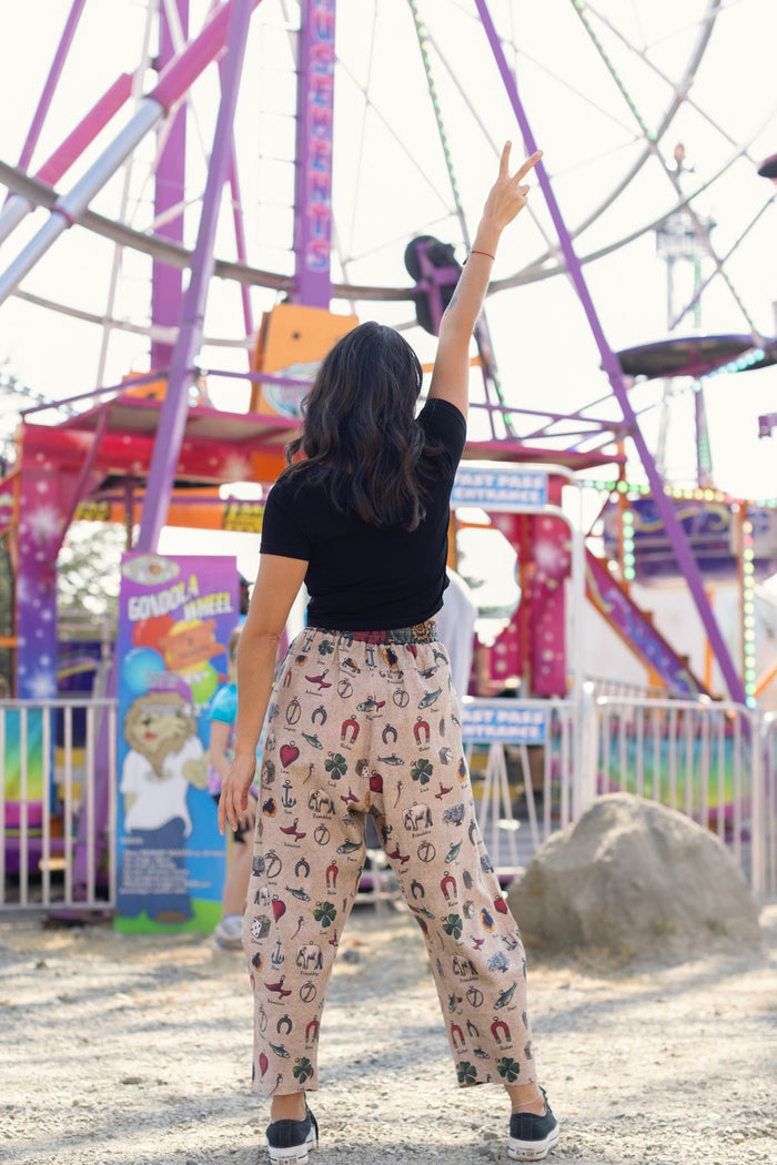 Charmed Life Artist Pants featuring playful Victorian luck charms and floral trim on breathable linen & bamboo/wood viscose – Market of Stars.