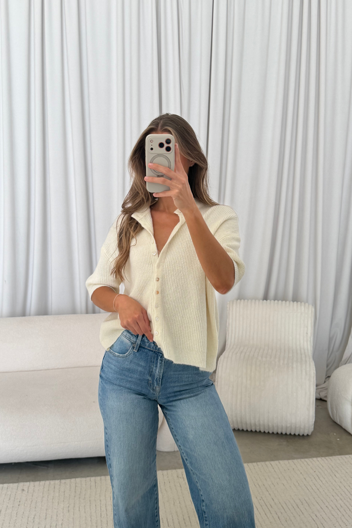 Cherie Ribbed Knit Cardigan Top in Ivory