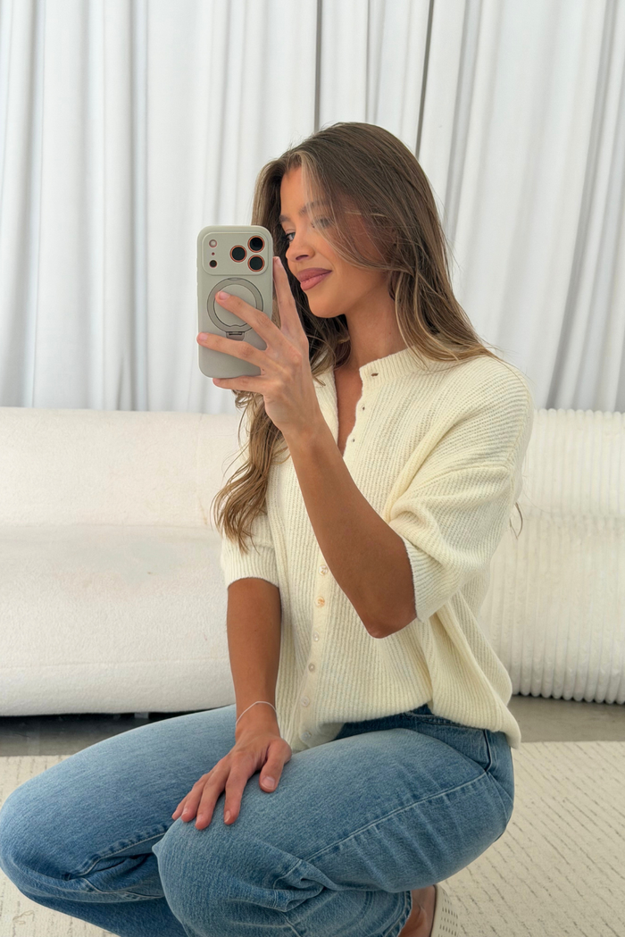 Cherie Ribbed Knit Cardigan Top in Ivory