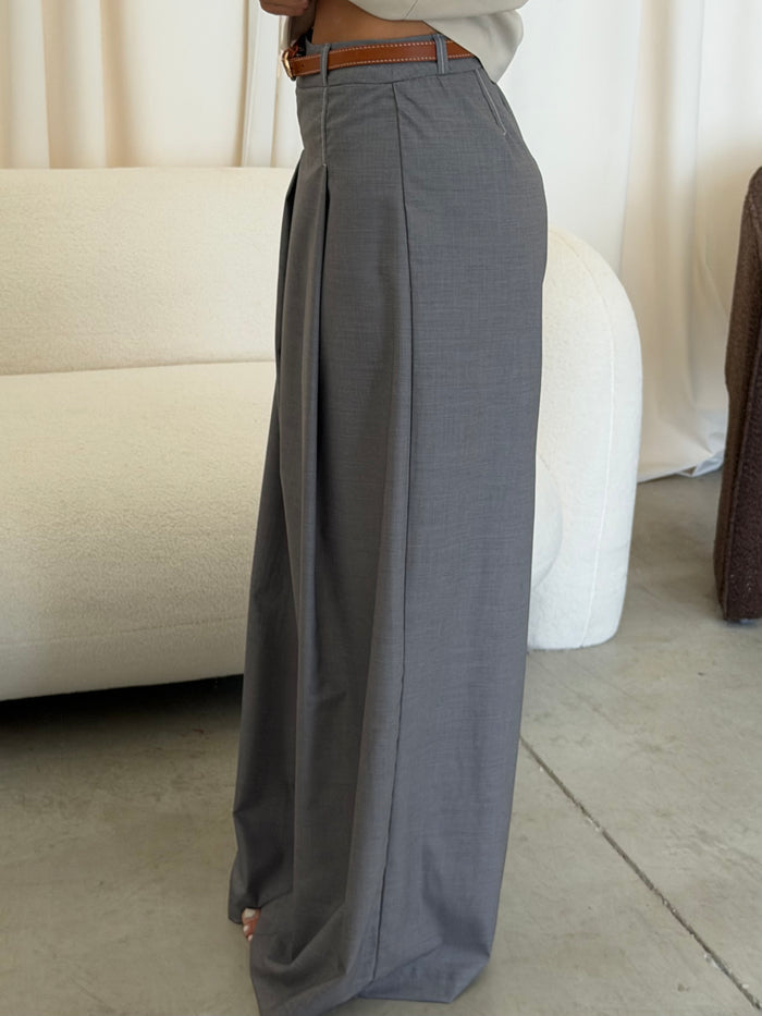 Cheryl Woven Pleat Pants with Belt in Light Gray *Final Sale*