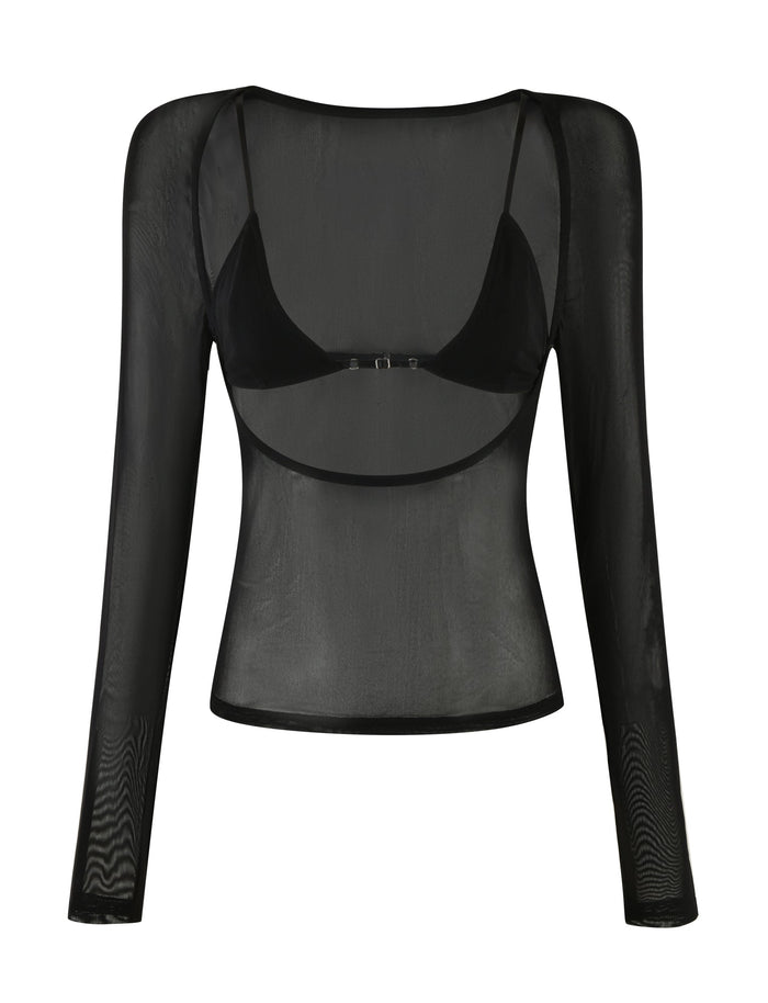 The CHRISTY MESH LONG SLEEVE - BLACK by TIGERMIST is a black mesh top featuring long sleeves, a sheer design, and a fitted bodycon silhouette. The integrated black bra comes with adjustable straps for a customizable fit, providing minimal coverage beneath the slightly shiny fabric that adds a subtle sheen.