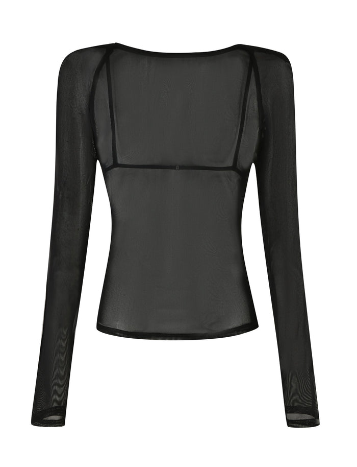The CHRISTY MESH LONG SLEEVE - BLACK by TIGERMIST is displayed from the back, showcasing a sheer long-sleeve design with a square neckline. The visible seams along the shoulders and sides add to the structured look, while the slightly glossy fabric highlights its transparent design and bodycon silhouette.