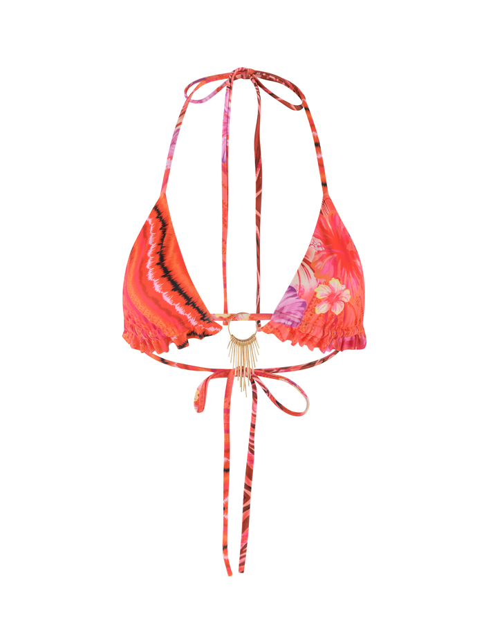 The CIANA BIKINI TOP by TIGERMIST features a vibrant red and pink tropical floral print, striped details, a gold ring with hanging tassels at the center, and an adjustable halter tie for a perfect fit.