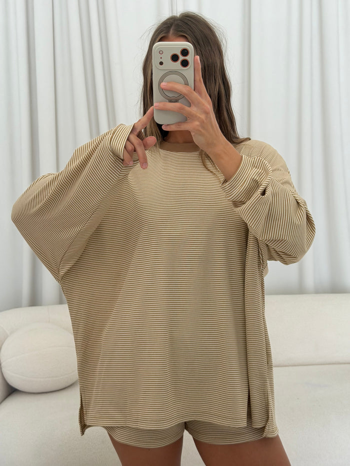 Cindy Striped Ribbed Top in Latte