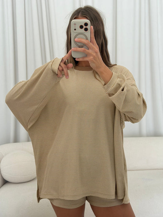 Cindy Striped Ribbed Top in Latte