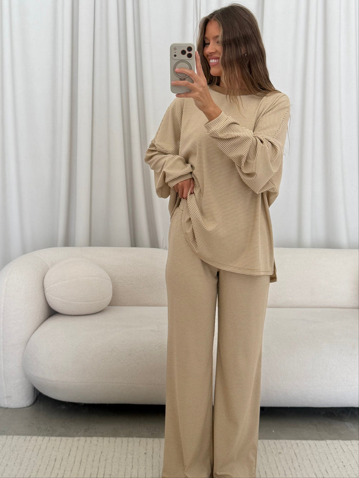 Cindy Striped Ribbed Top in Latte