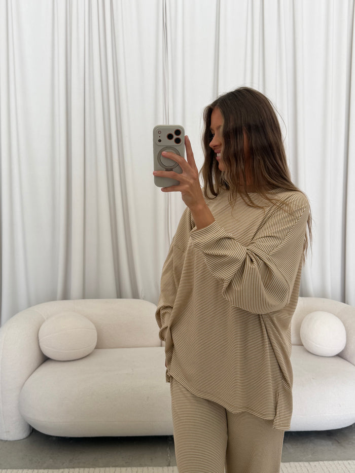 Cindy Striped Ribbed Top in Latte