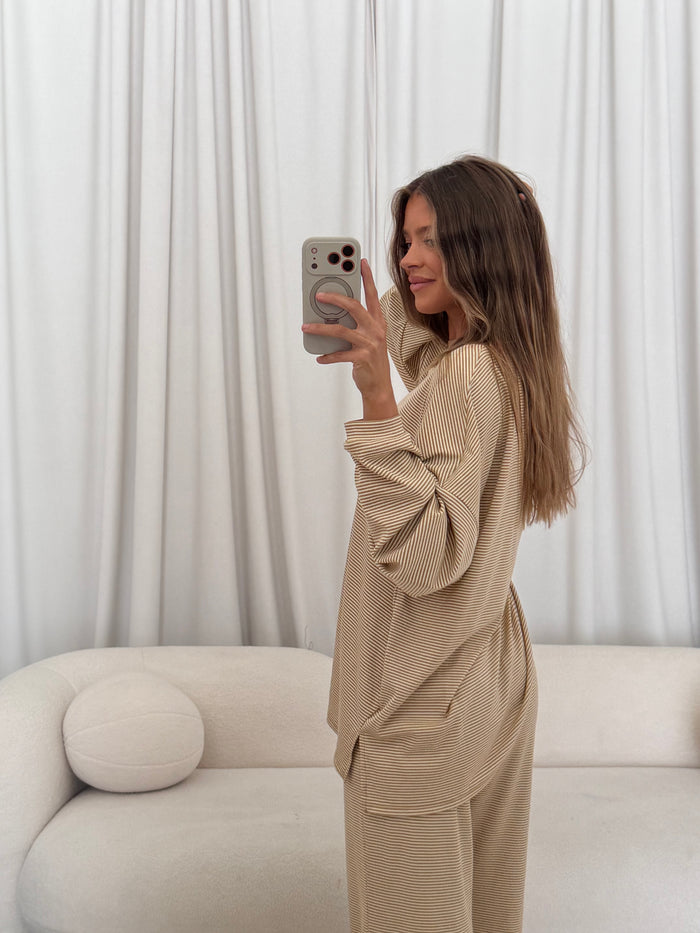 Cindy Striped Ribbed Top in Latte
