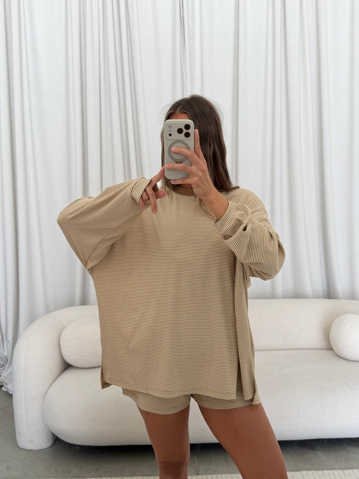 Cindy Striped Ribbed Top in Latte