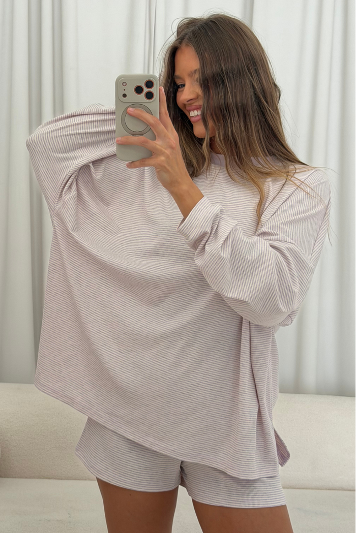 Cindy Striped Ribbed Top in Lavender