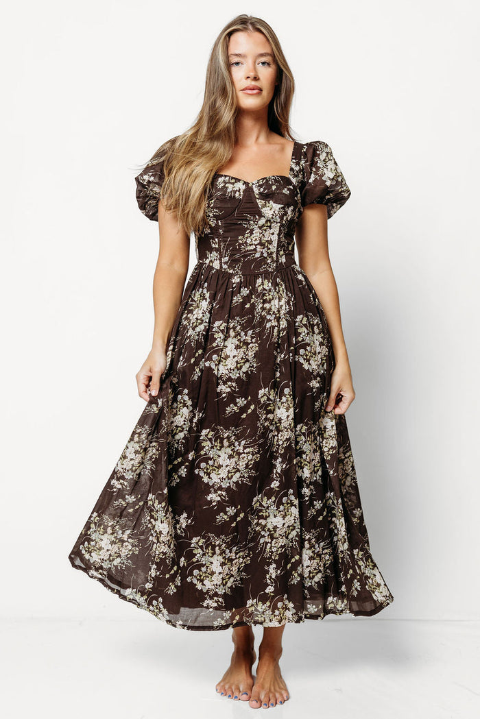 Claudette Floral Midi Dress in Brown