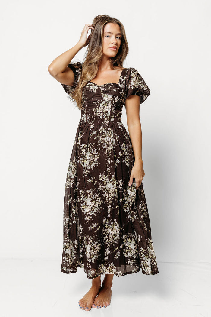 Claudette Floral Midi Dress in Brown