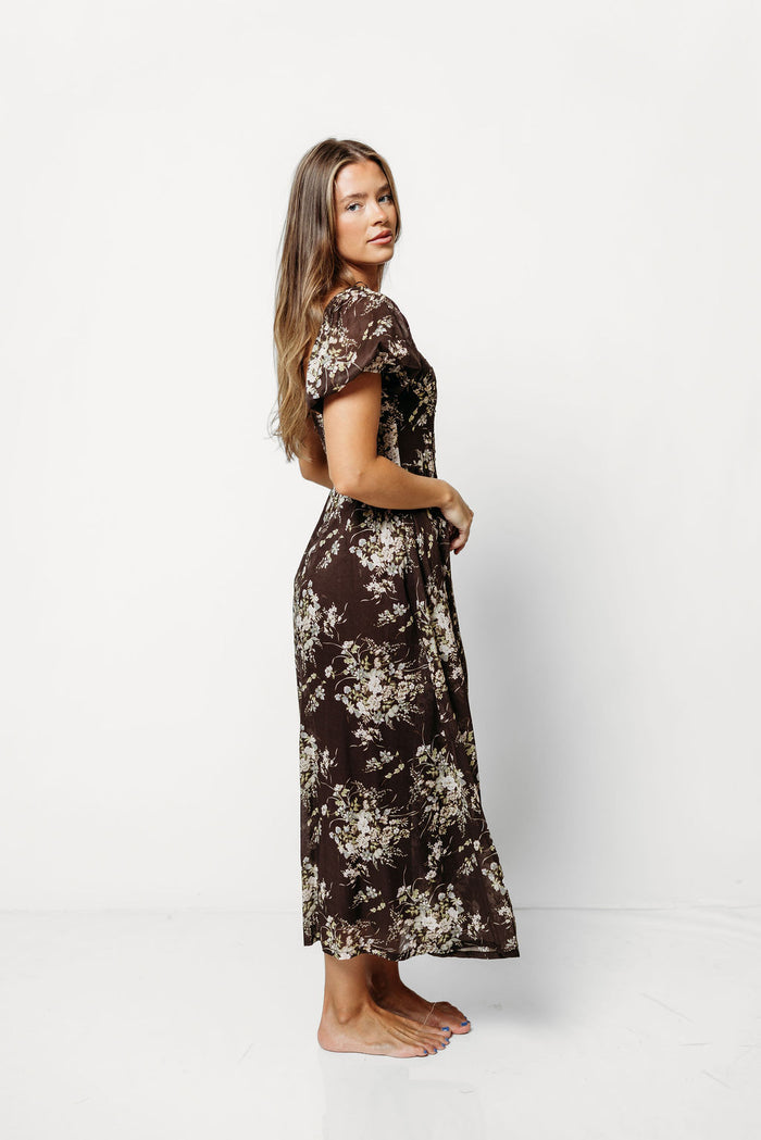 Claudette Floral Midi Dress in Brown