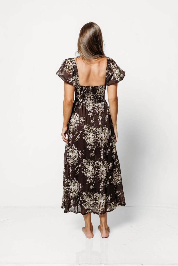 Claudette Floral Midi Dress in Brown