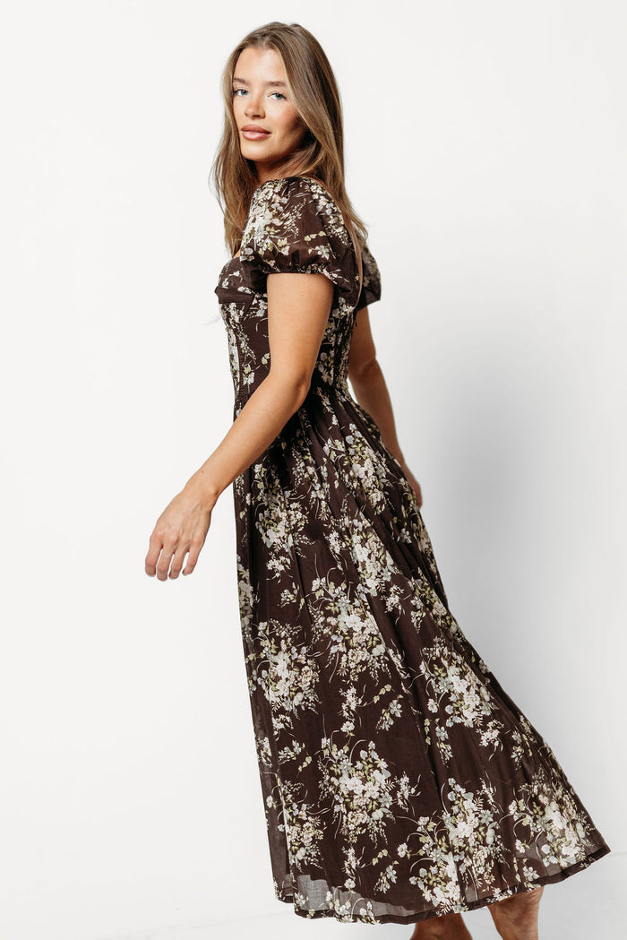 Claudette Floral Midi Dress in Brown