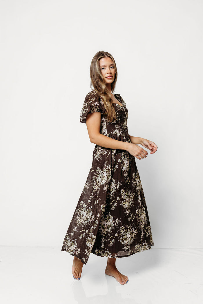 Claudette Floral Midi Dress in Brown