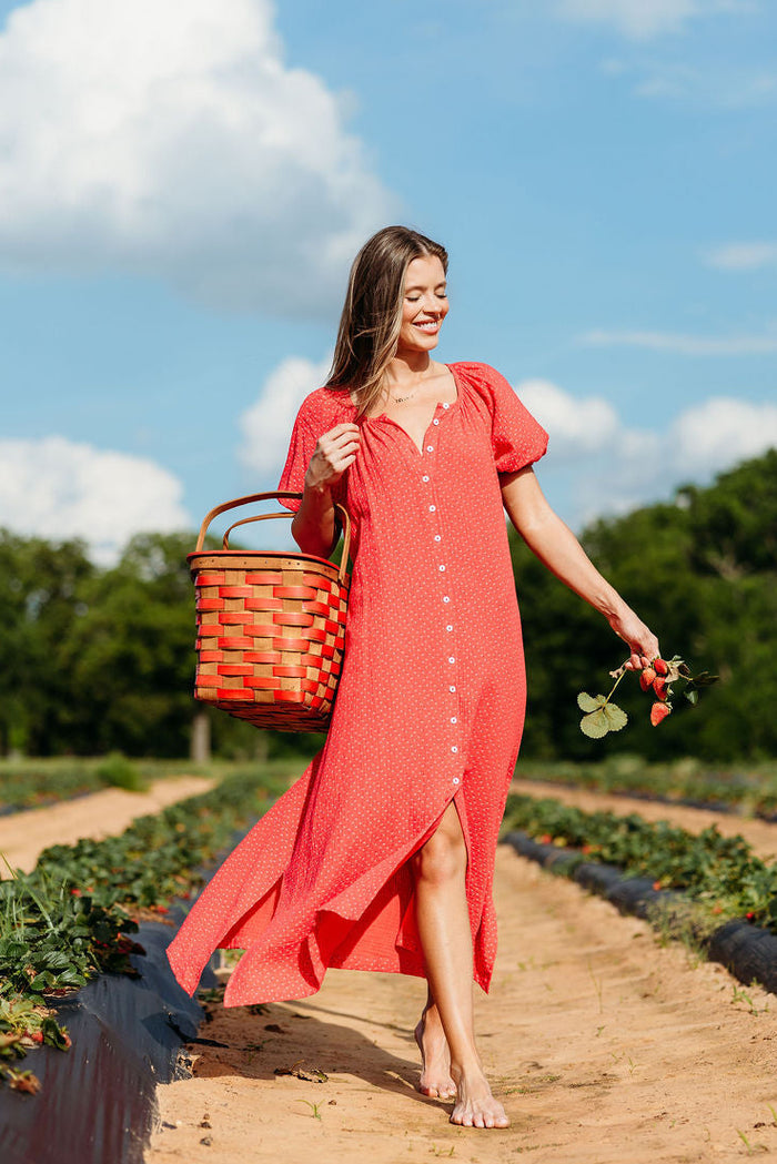 Cleo 100% Cotton Gauze Midi Dress in Red