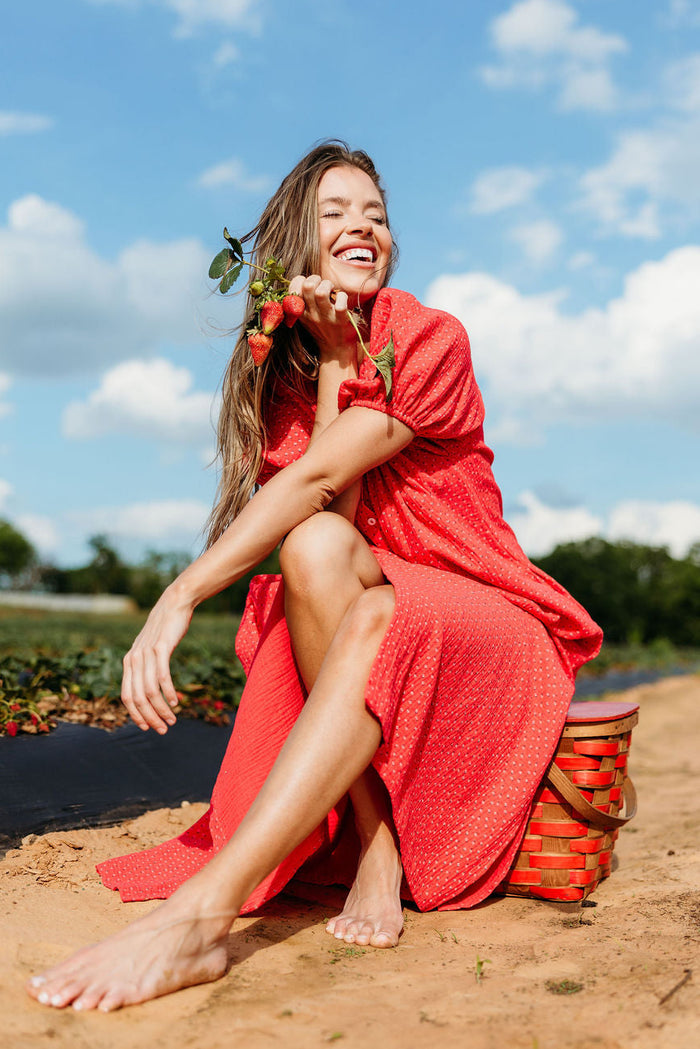 Cleo 100% Cotton Gauze Midi Dress in Red