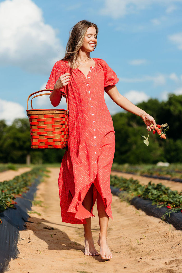 Cleo 100% Cotton Gauze Midi Dress in Red
