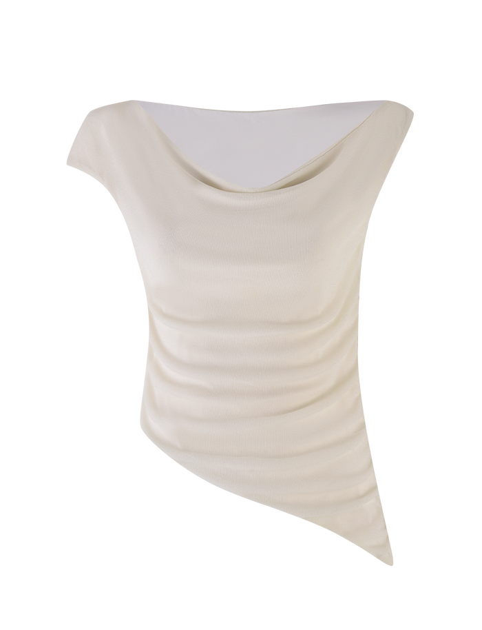 The TIGERMIST COBI TANK - WHITE : CREAM is a sleeveless shimmer jersey top with a draped neckline and an asymmetric pointed hem, shown on a white background.