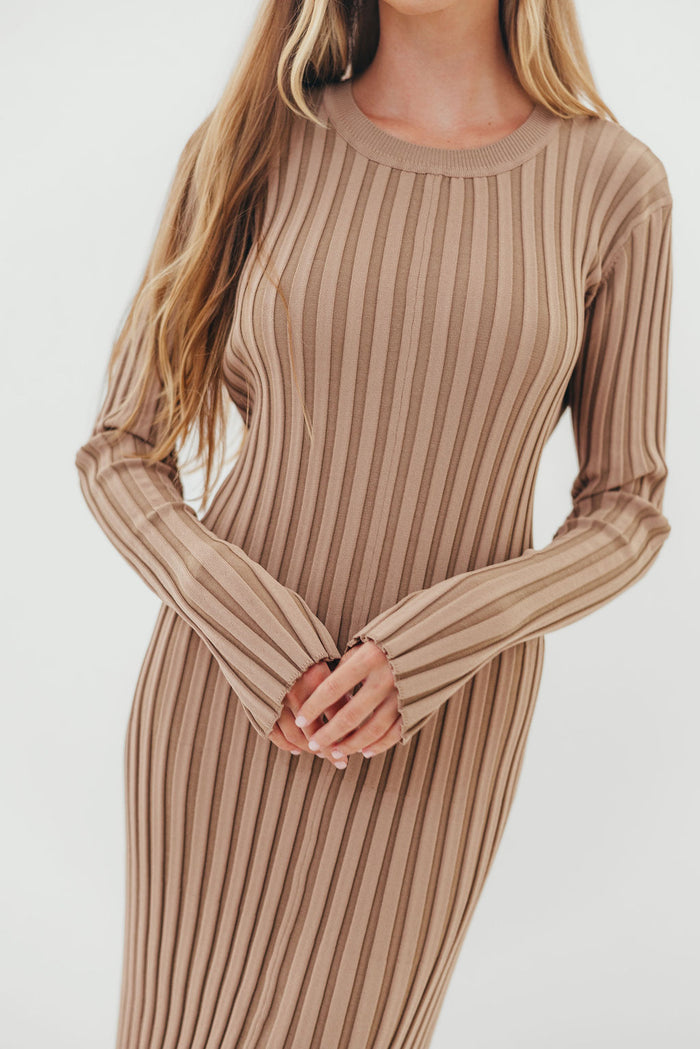 Colette Premium Long Sleeved Ribbed Knit Maxi Dress in Dark Natural - Bump Friendly *Final Sale*