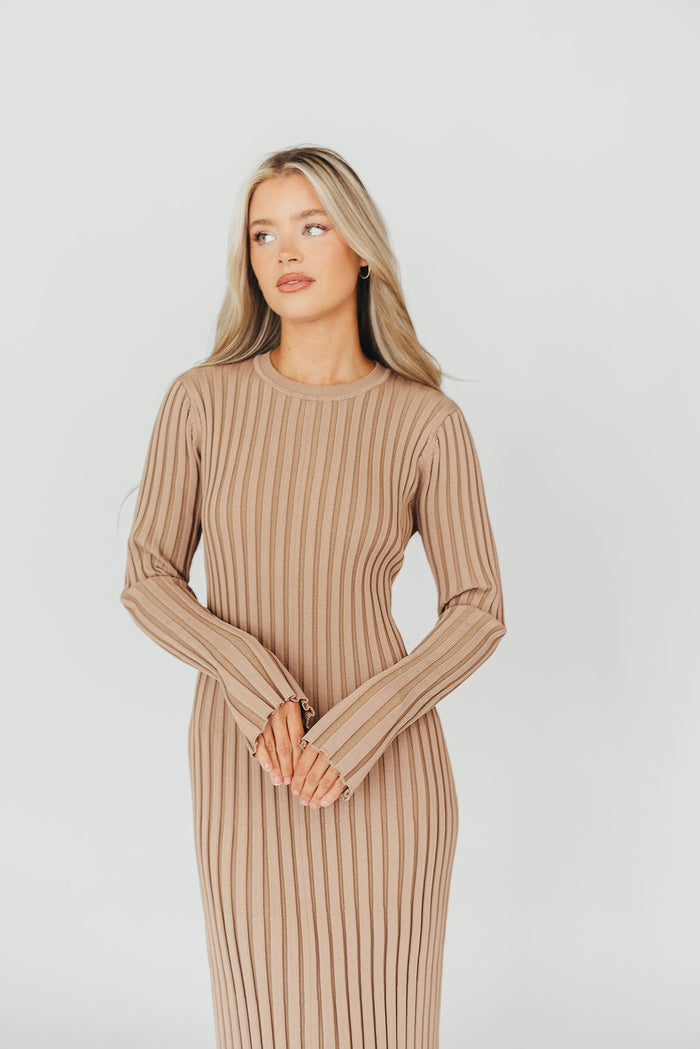 Colette Premium Long Sleeved Ribbed Knit Maxi Dress in Dark Natural - Bump Friendly *Final Sale*