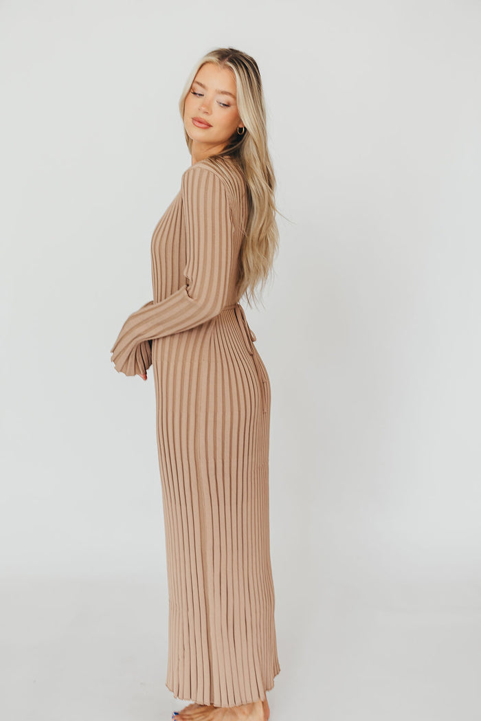 Colette Premium Long Sleeved Ribbed Knit Maxi Dress in Dark Natural - Bump Friendly *Final Sale*