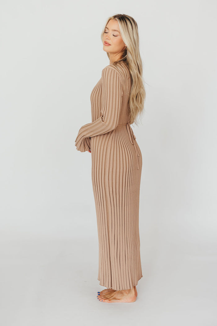 Colette Premium Long Sleeved Ribbed Knit Maxi Dress in Dark Natural - Bump Friendly *Final Sale*