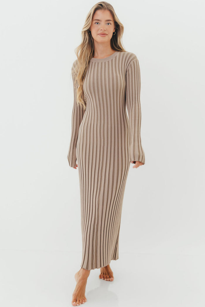 Colette Premium Long Sleeved Ribbed Knit Maxi Dress in Stone - Bump Friendly *Final Sale*
