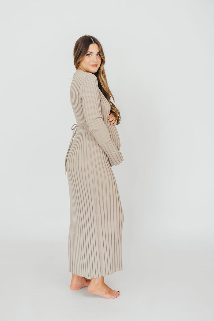 Colette Premium Long Sleeved Ribbed Knit Maxi Dress in Stone - Bump Friendly *Final Sale*