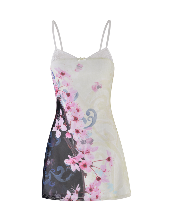 The TIGERMIST COLSON Mesh Mini Dress features a cherry blossom print in white and pale yellow, with a sleeveless design, lace-trimmed neckline, and adjustable spaghetti straps for the perfect fit.