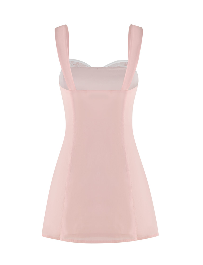 The TIGERMIST COLSON MINI DRESS in Baby Pink is a light pink sleeveless dress with wide straps, a fitted bodice, and a slightly flared skirt, shown from the back.