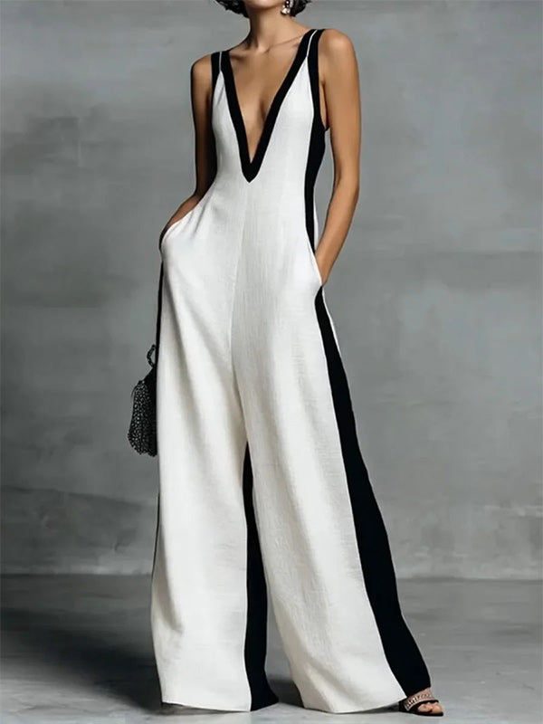 Contrast V-Neck Sleeveless Jumpsuit