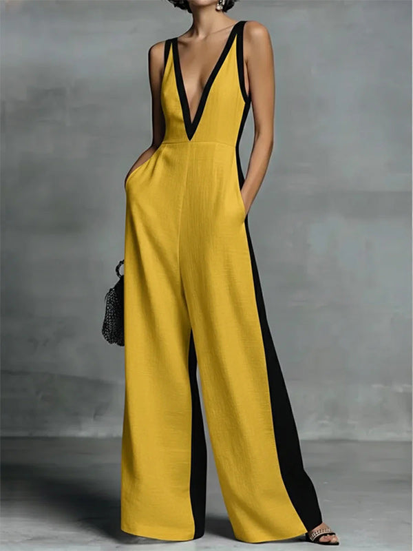 Contrast V-Neck Sleeveless Jumpsuit