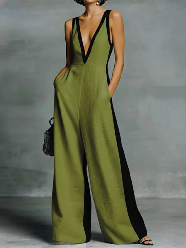 Contrast V-Neck Sleeveless Jumpsuit