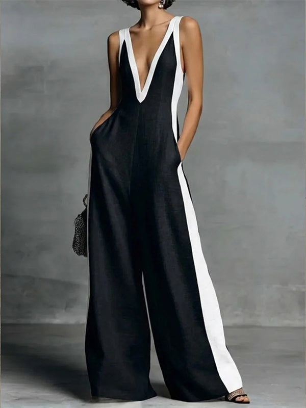 Contrast V-Neck Sleeveless Jumpsuit