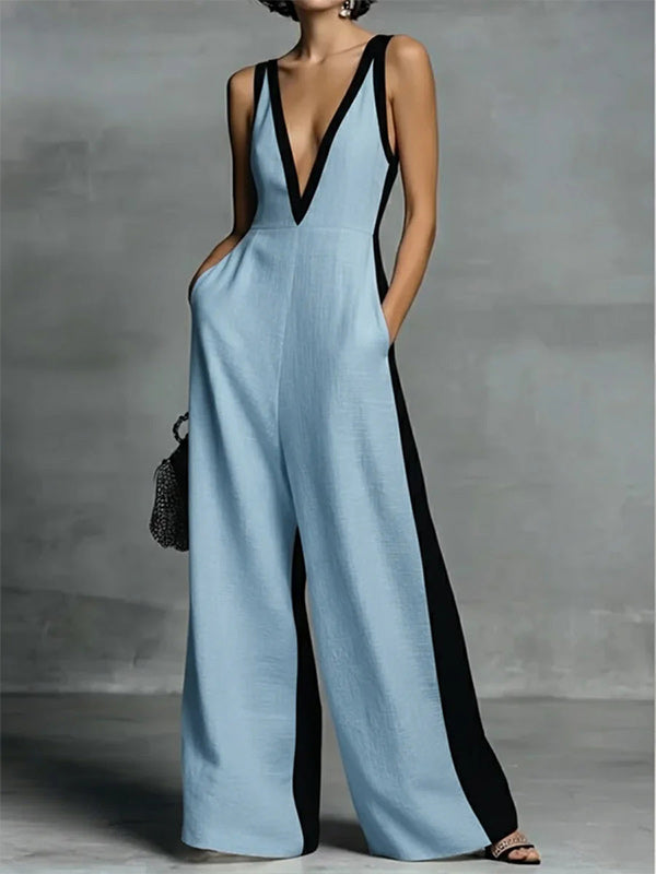 Contrast V-Neck Sleeveless Jumpsuit