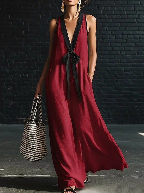 Contrast V-Neck Tied Sleeveless Dress