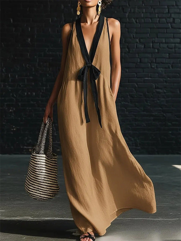 Contrast V-Neck Tied Sleeveless Dress