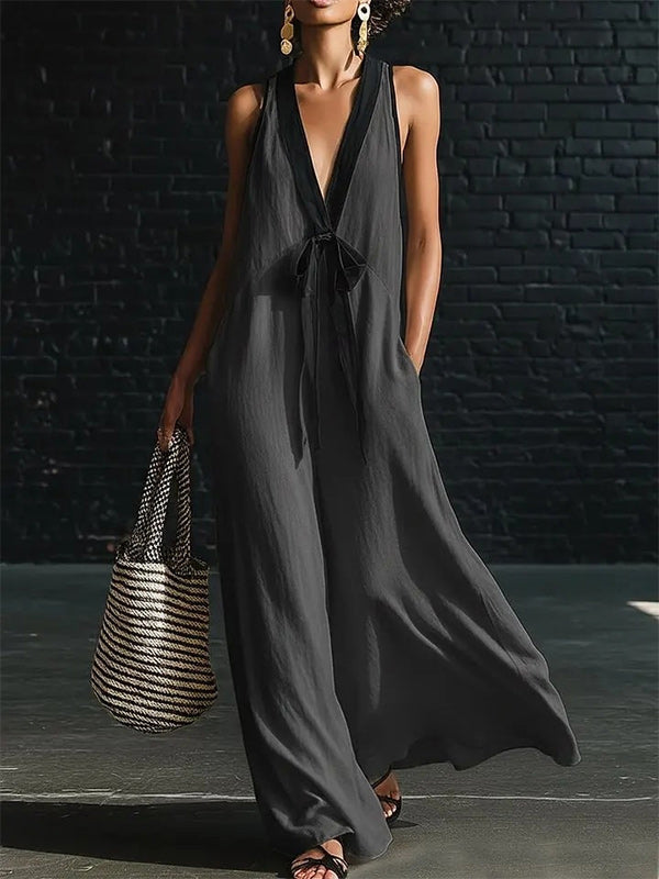 Contrast V-Neck Tied Sleeveless Dress