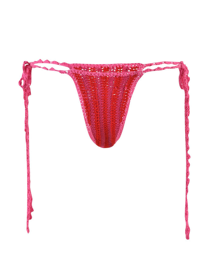 The CORA BIKINI BOTTOM - PINK : STRIPE from TIGERMIST is a vibrant pink crochet bikini bottom showcased flat on a white background. This cheeky-cut thong features thin, string-tie sides for an adjustable fit and has a lined design.