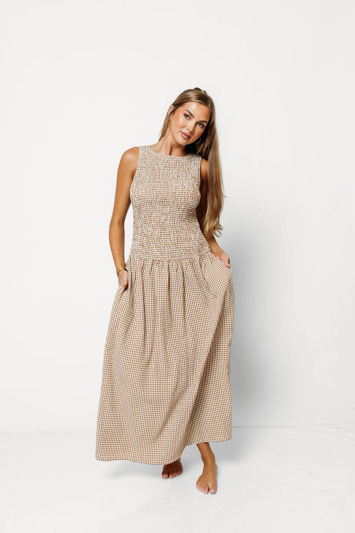 Cora Gingham Maxi Dress in Mocha