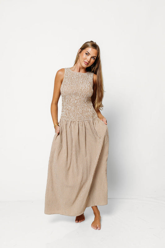 Cora Gingham Maxi Dress in Mocha