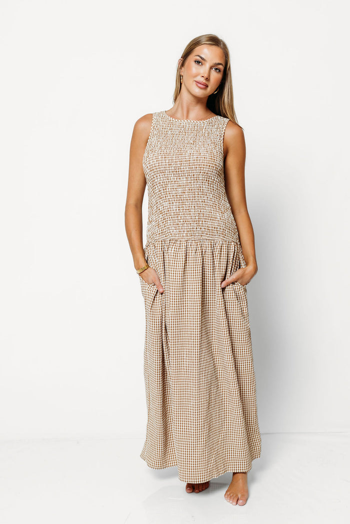 Cora Gingham Maxi Dress in Mocha