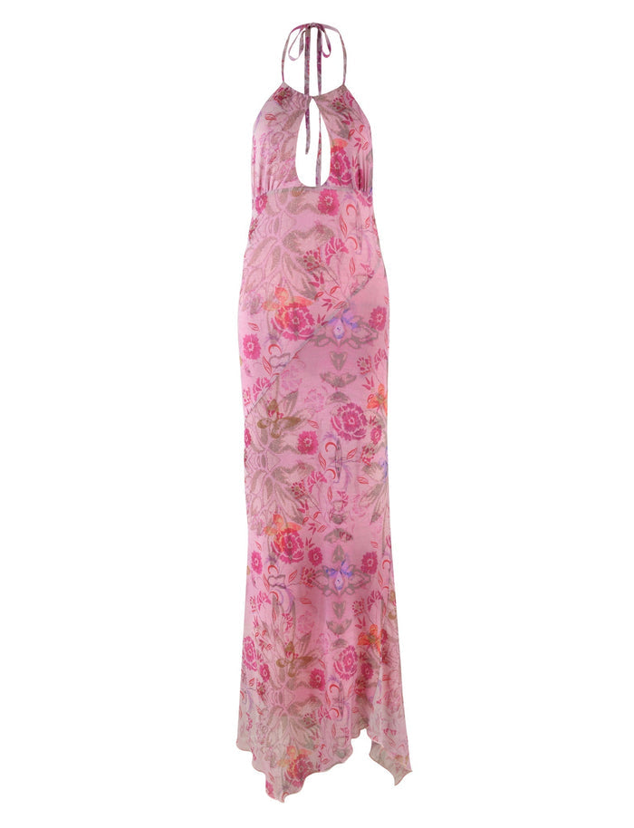 The Cosette Dress - Pink : Delicate Floral by Tigermist is a stunning pink floral dress with a versatile multiwear halter neckline and a flirty keyhole front. It features an all-over floral print in beautiful shades of pink, red, lavender, and green. Made from mesh fabric, it offers a flowing, slightly flared silhouette that gracefully reaches the floor.