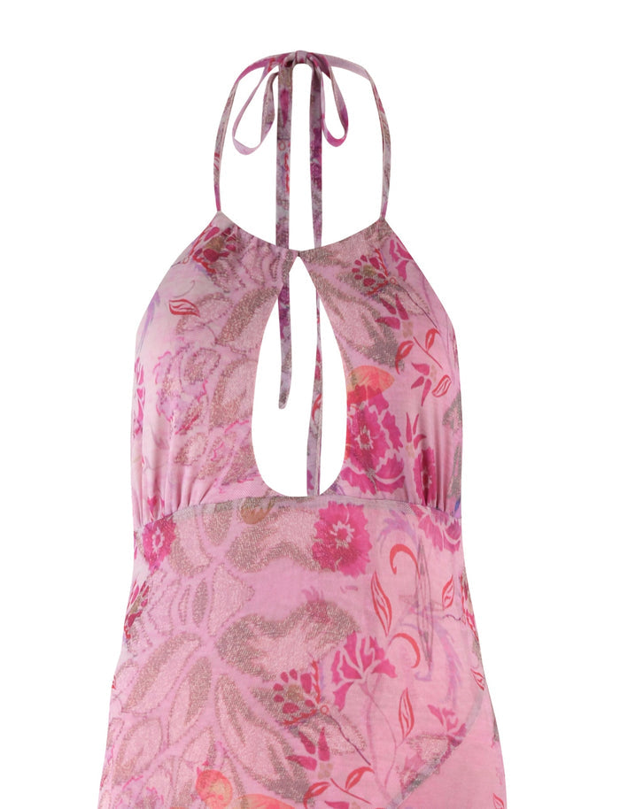 The COSETTE DRESS - PINK : DELICATE FLORAL by TIGERMIST is a pink floral dress that showcases intricate patterns in multiple shades of pink complemented by subtle beige accents. This mesh-fabric dress features a keyhole cutout at the front and a multiwear halter neckline with thin straps that tie gracefully at the back of the neck.