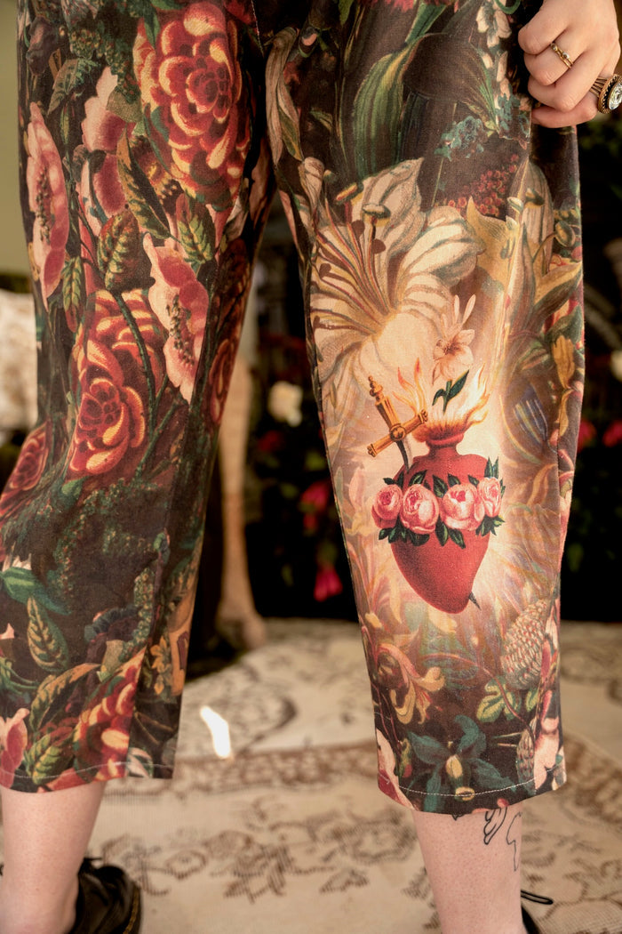Artfully printed Courage Dear Heart Artist Pants with floral lithographs and hidden messages of love, faith, and courage in a breathable linen blend – Market of Stars.