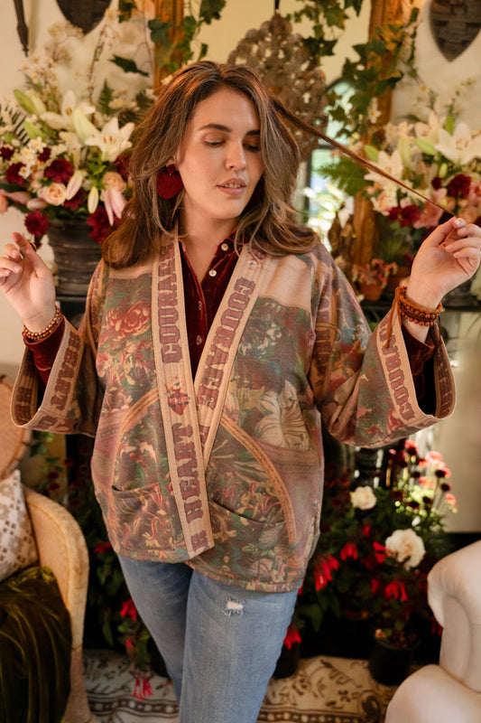 Cozy Courage Dear Heart Cottage Jacket featuring Victorian Sacred Heart art, hidden affirmations of courage and love, and soft fleece lining for cooler days – Market of Stars.
